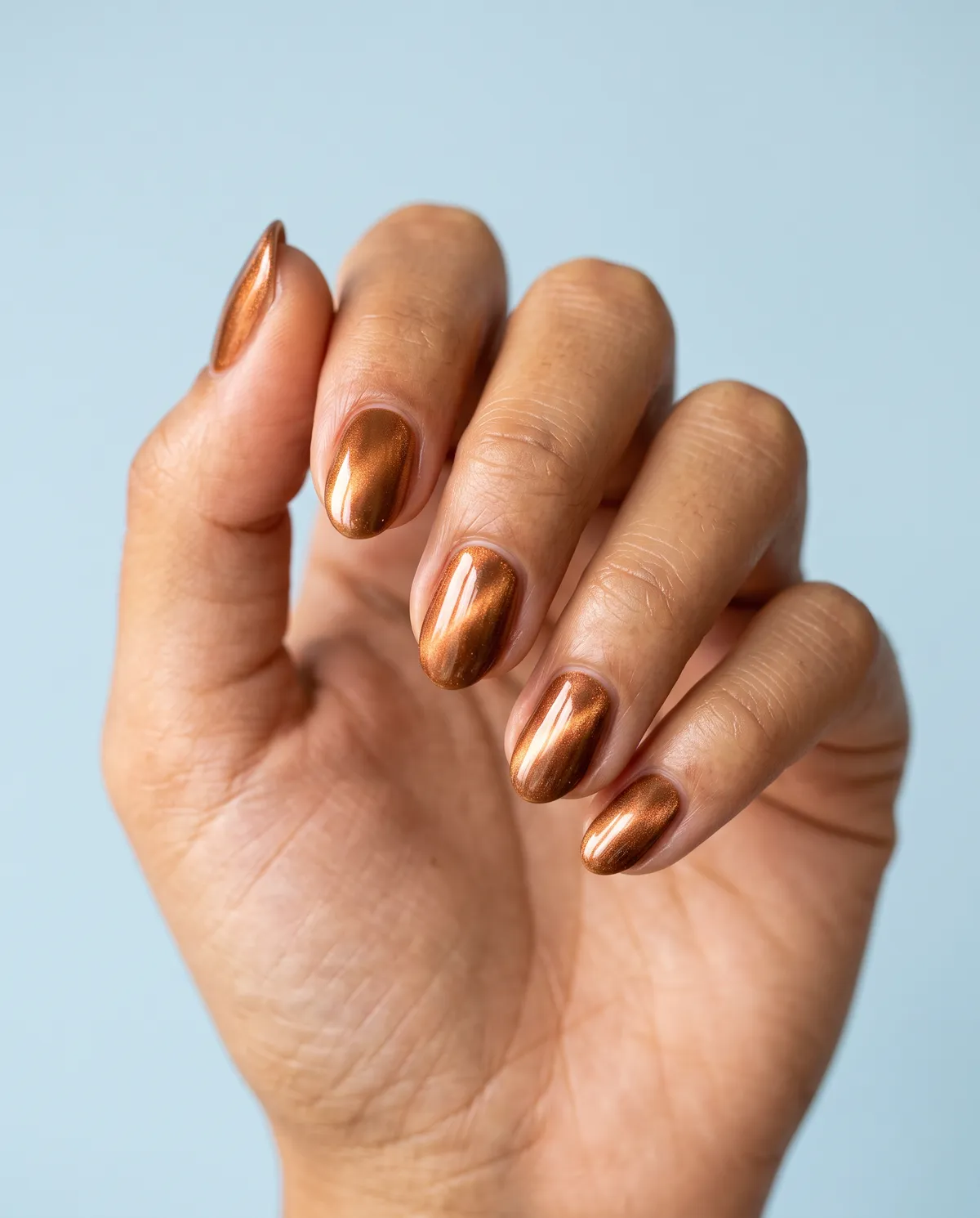 Copper Mirage — almond cat eye nails with copper gel base with a bronze magnetic top coat on short almond nails, finish glossy