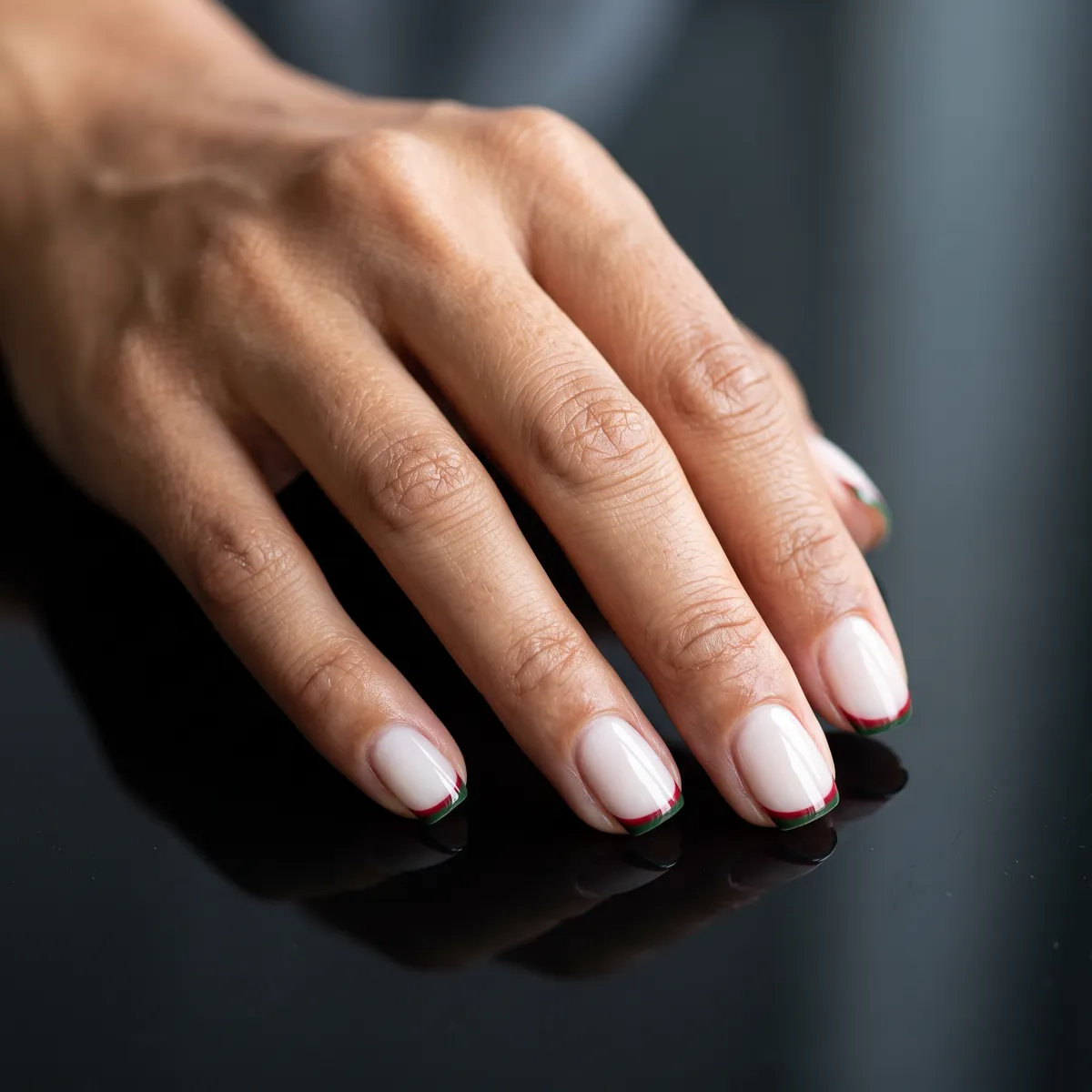 Mini Holiday French — square christmas nails with keep nails short and square with a milky base and a thin red-and-green micro french line