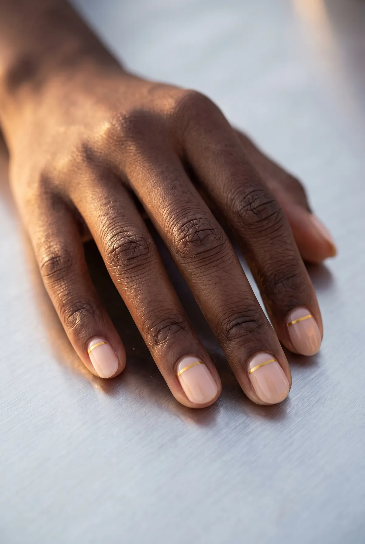 Quiet Gold Stripe — round christmas nails with paint a sheer nude base with one thin gold line near the cuticle on round nails