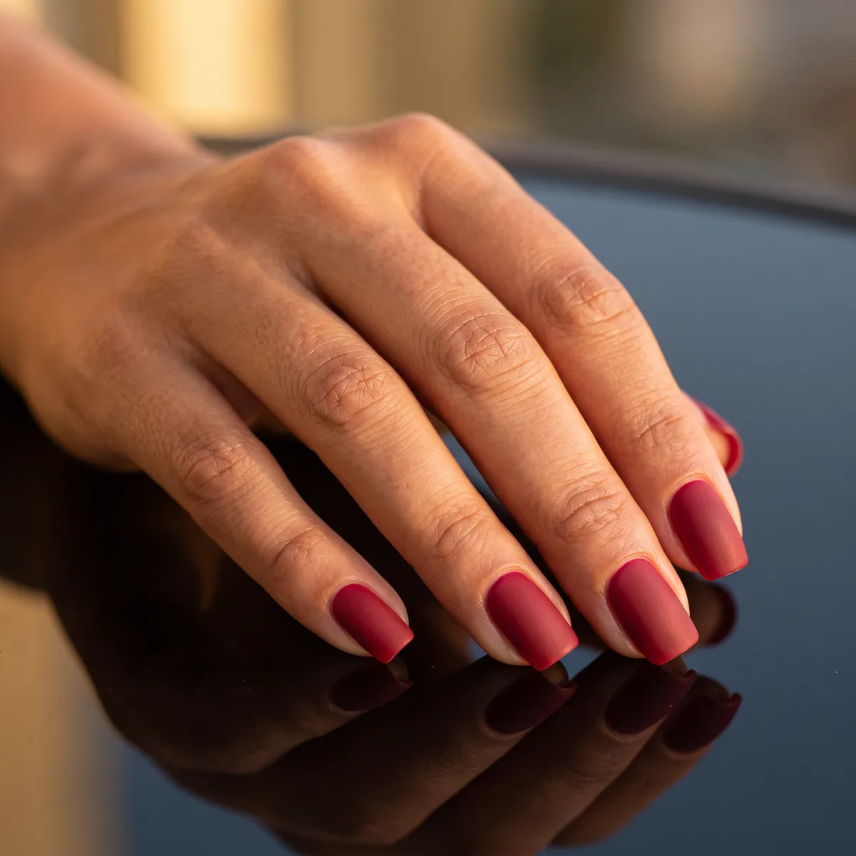 Velvet Cranberry — square christmas nails with give me a cranberry-red matte manicure on square nails with a soft matte top coat
