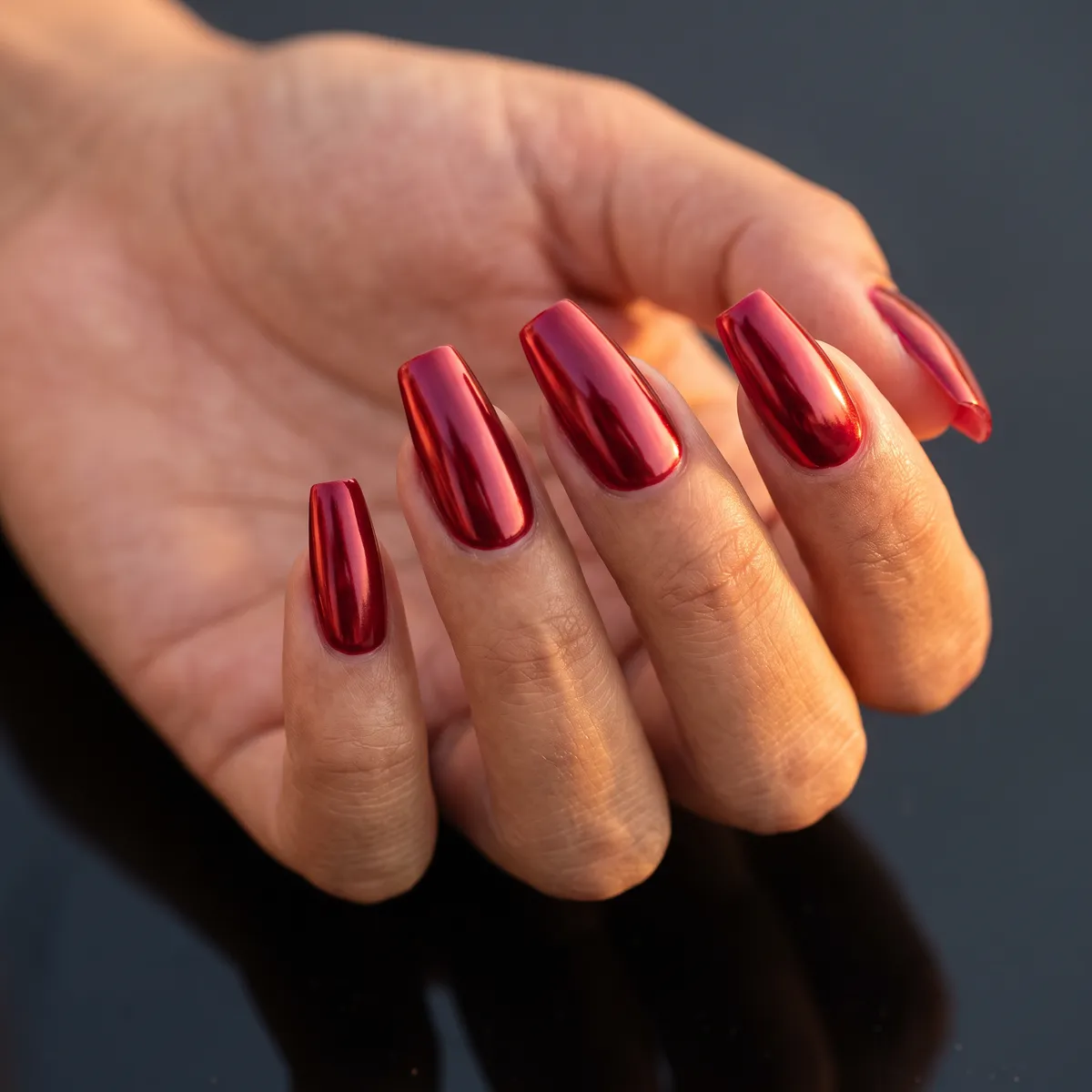 Cherry Lacquer Chrome — coffin nails with cherry red gel base with a chrome powder overlay on a long coffin shape