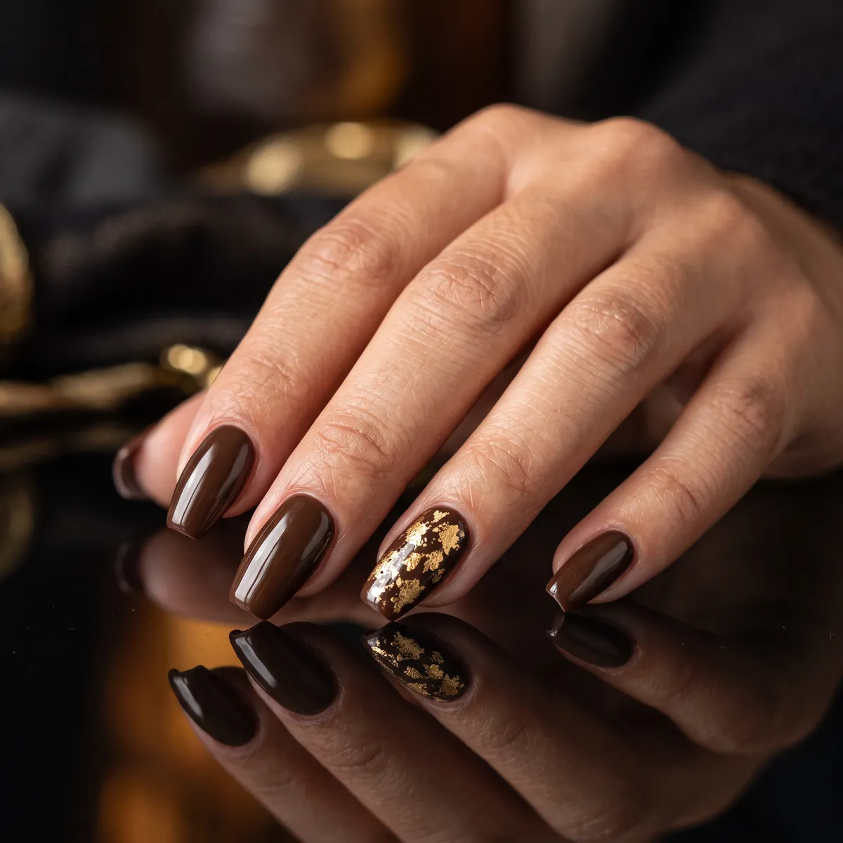 Cocoa Foil Accent — coffin nails with chocolate brown gel base with gold foil accent on one nail, coffin shape