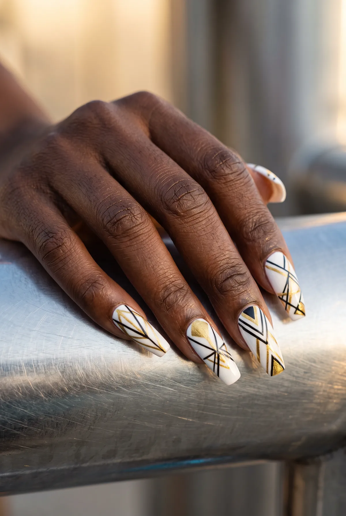 Deco Line Art — coffin nails with black and gold geometric line art over a white base on a long coffin shape