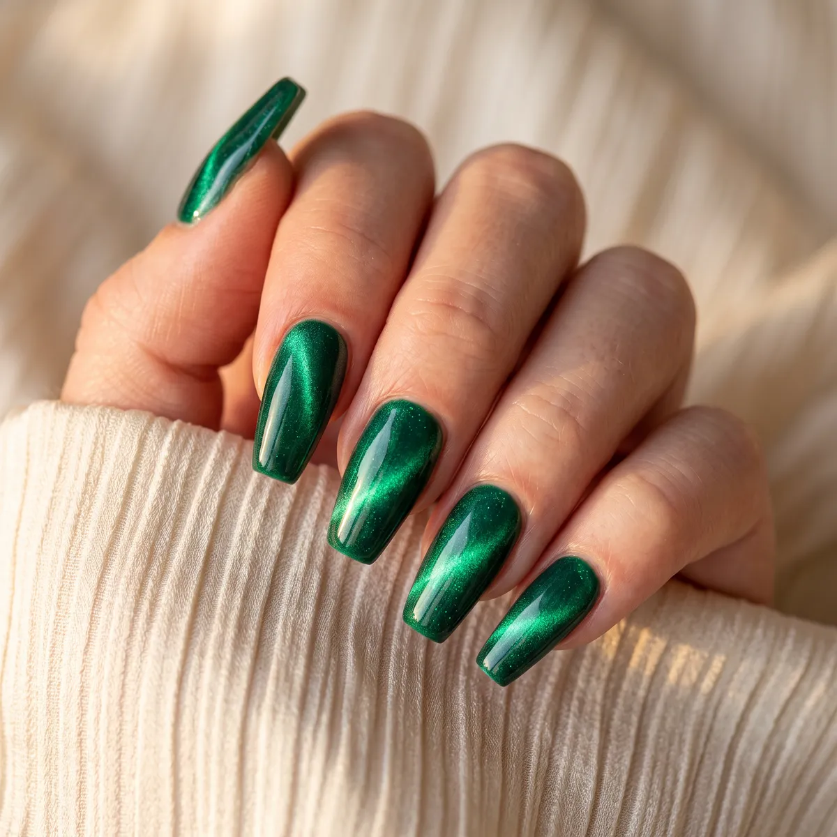 Emerald Shimmer Cat-Eye — coffin nails with emerald green cat-eye gel with magnetic pull for shimmer on a long coffin shape