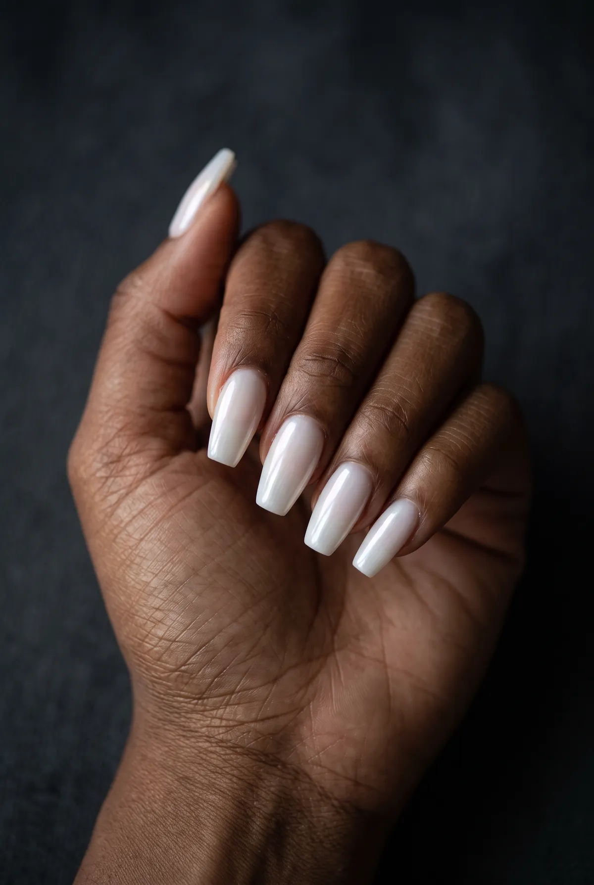 Milk Glass Glaze — coffin nails with sheer milky white gel base with a glazed high-shine topcoat on a medium coffin shape