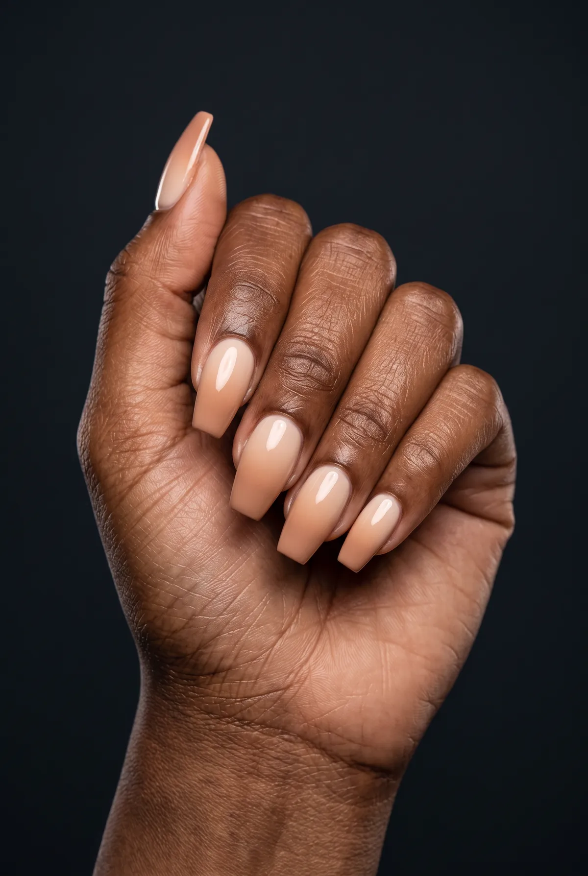 Nude Fade — coffin nails with nude-to-beige ombre gel fade on a short coffin shape