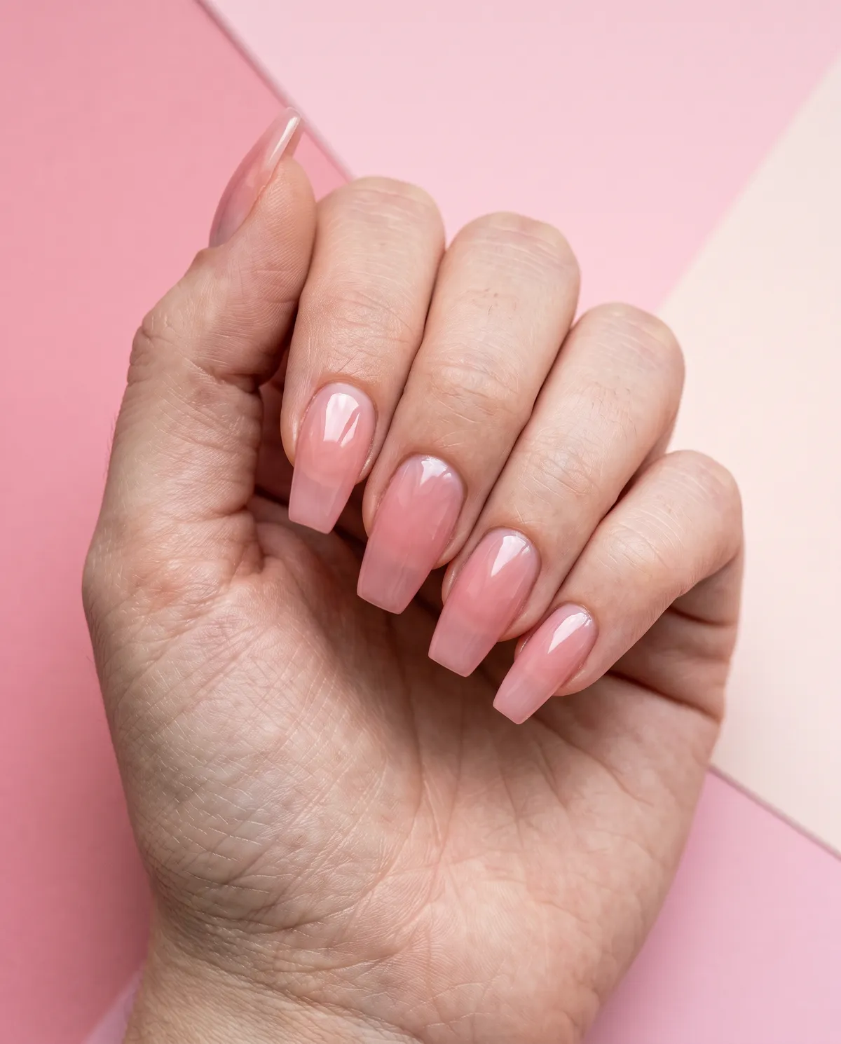 Rose Jelly Sheer — coffin nails with sheer rose jelly gel polish, two thin coats, on a medium coffin shape