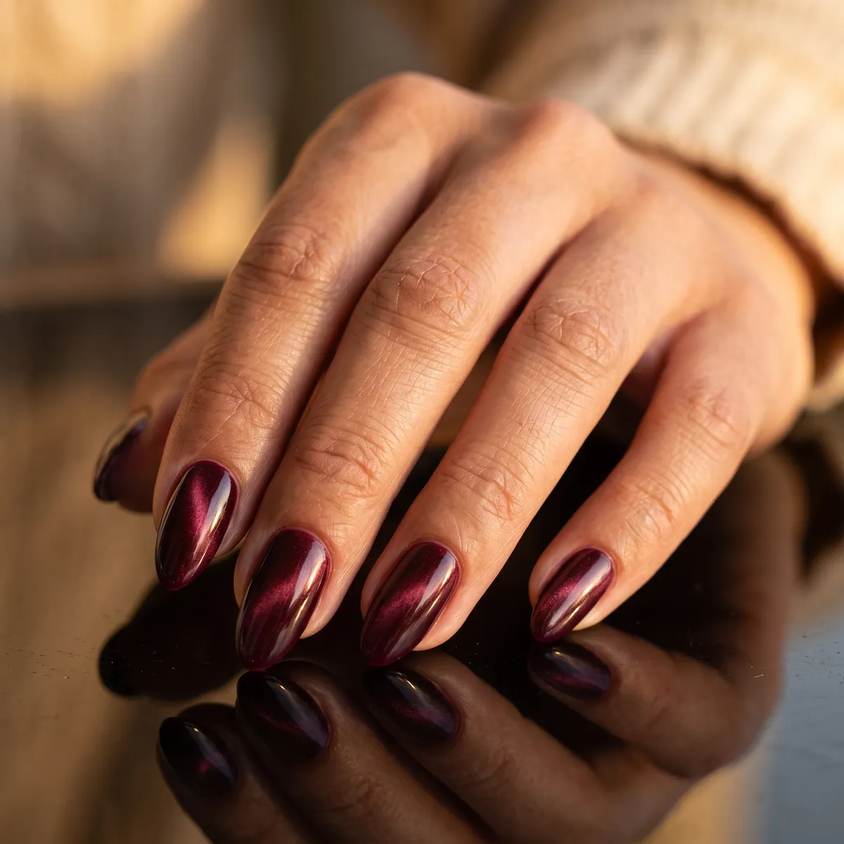 Burgundy Velvet Cat Eye — almond fall nails with burgundy magnetic cat-eye gel, velvet depth rather than glitter, medium almond