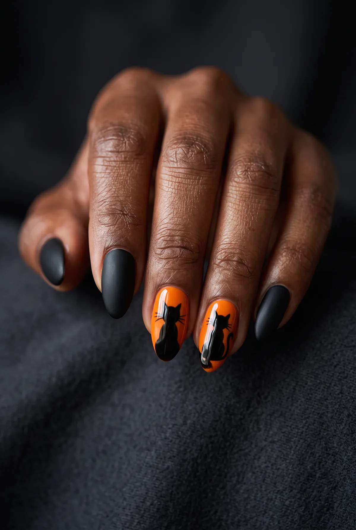 Black Cat Arch — almond halloween nails with matte black base with one glossy accent nail featuring a hand-painted black cat silhouette…