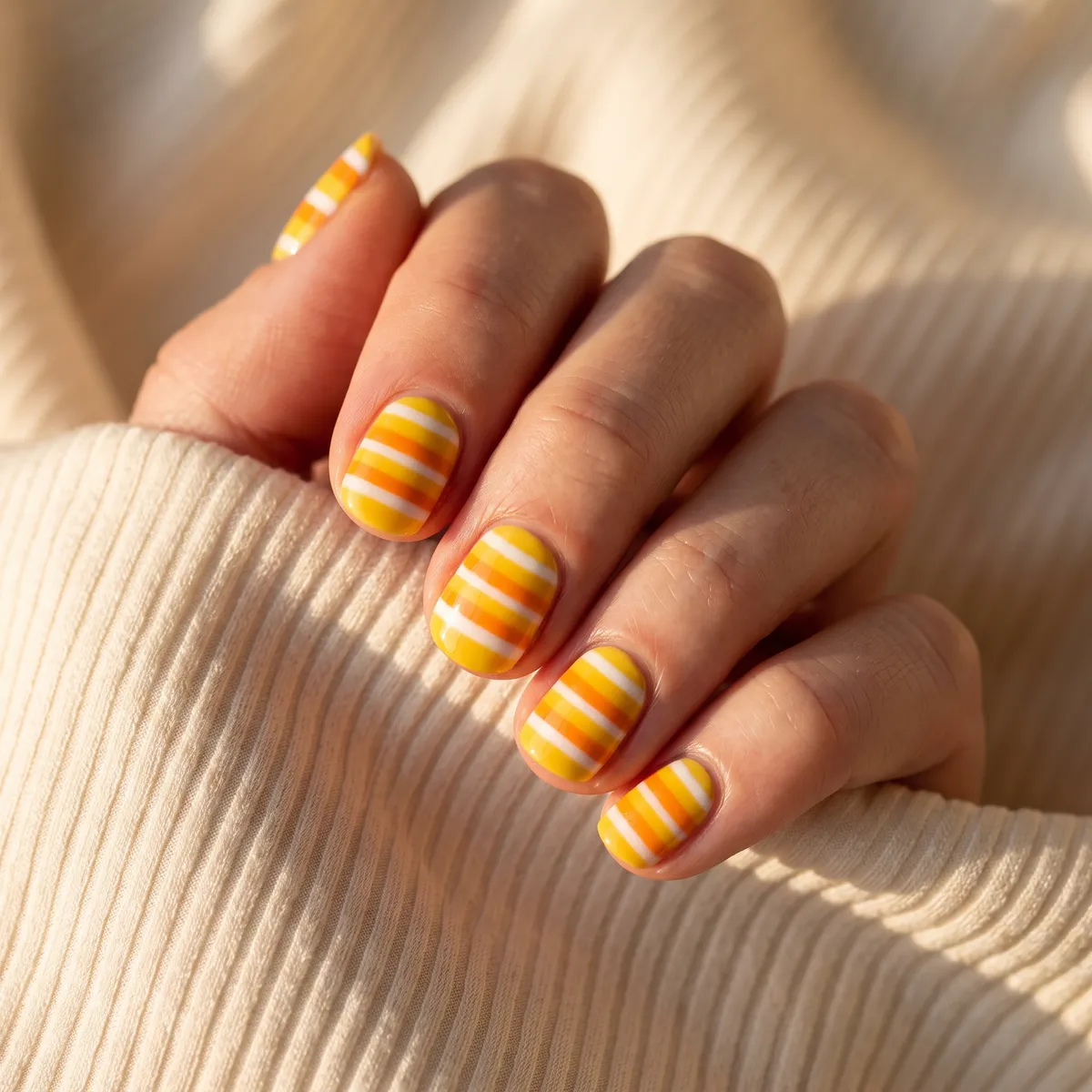 Candy Corn Stripe — round halloween nails with short round nails striped horizontally in yellow, orange, and white gel polish, finished with…