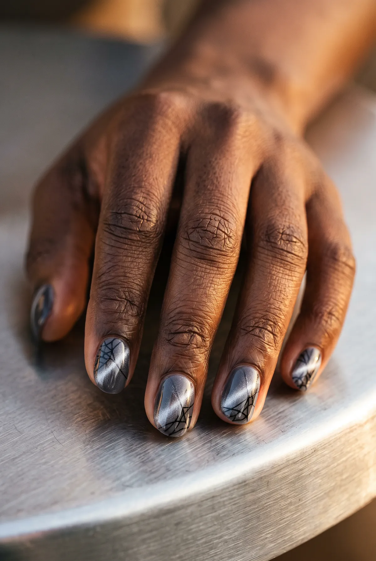 Smoky Web Cat-Eye — round halloween nails with smoky grey cat-eye gel with magnet-pulled silver shimmer, topped with a fine black web line…