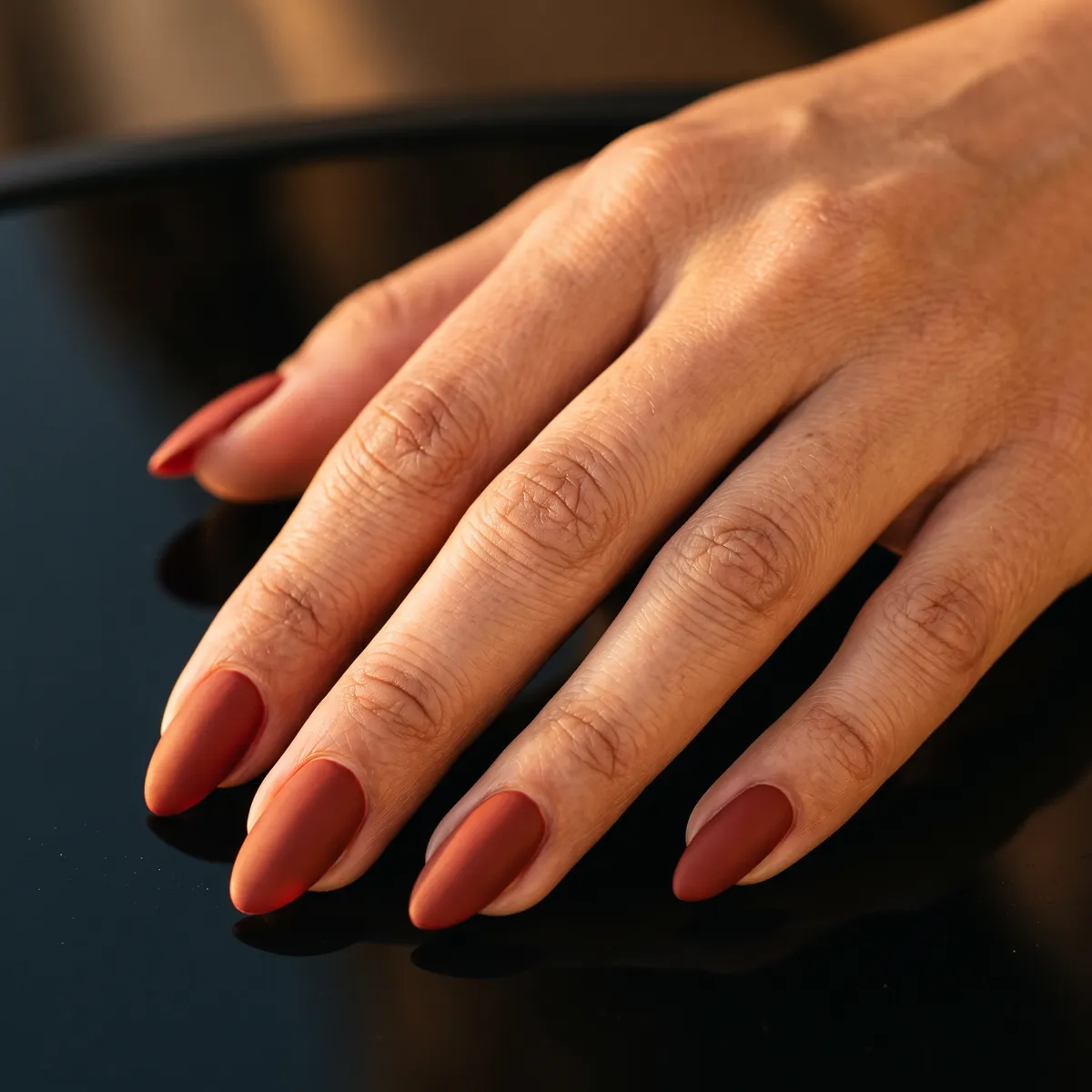 Brick Matte — almond red nails with warm brick red on almond nails finished with a matte top coat, no shine