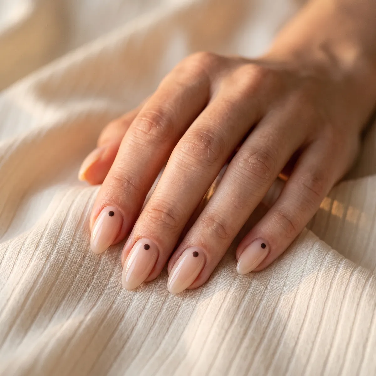 The Punctuation Mark — almond short almond nails with sheer natural base with one small espresso-brown dot centered near each cuticle