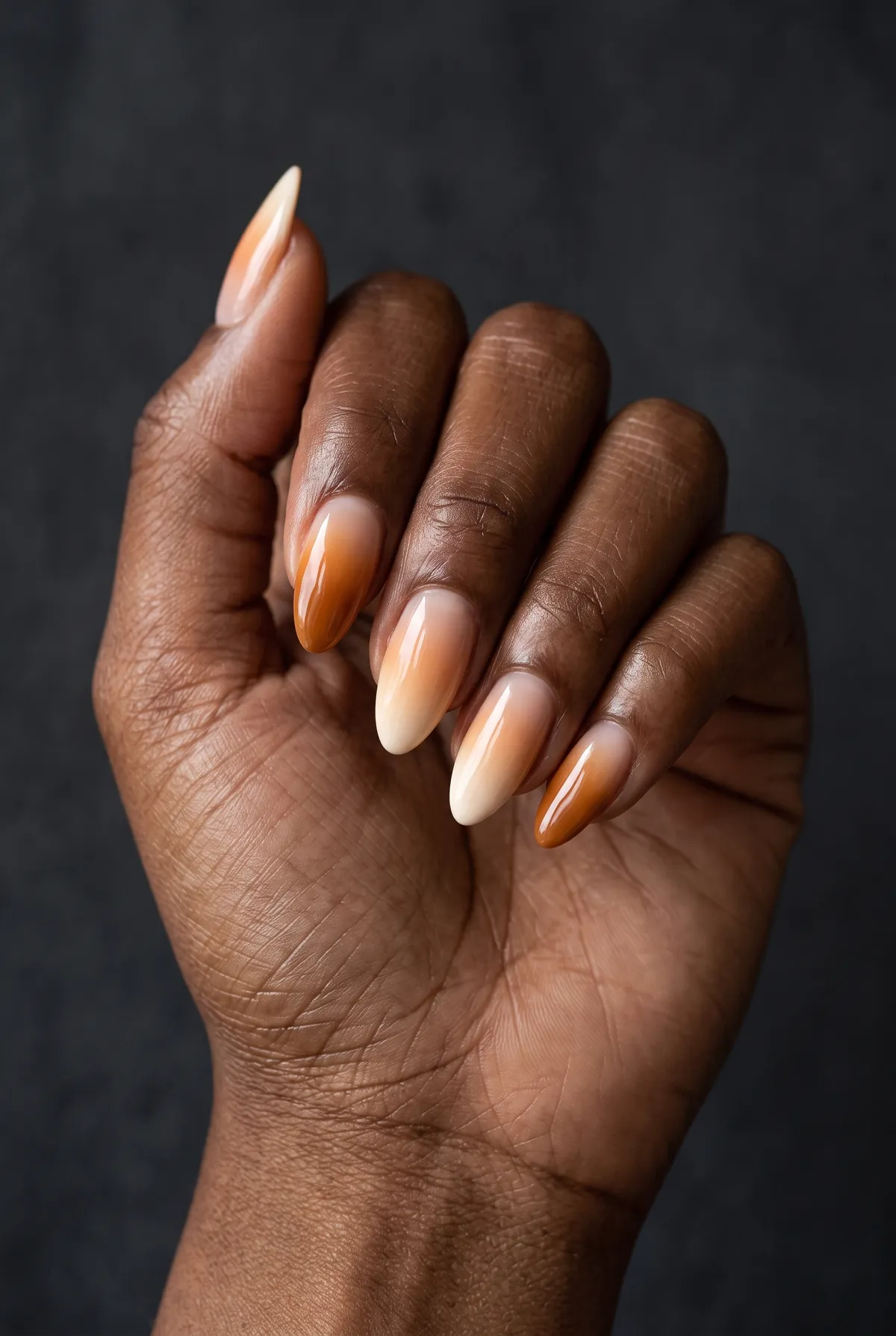 Harvest Moon — almond thanksgiving nails with sheer nude base, ombre blend from amber to cream on almond nails, finished glossy