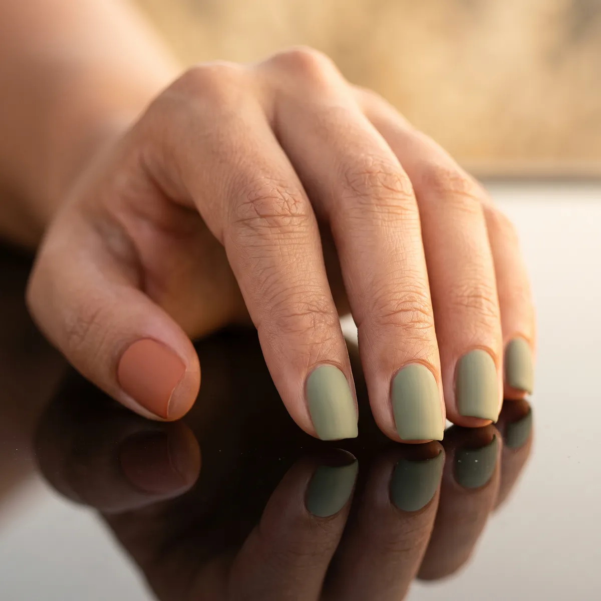 Sage & Clay — square thanksgiving nails with matte sage on all nails, one matte terracotta accent nail, short square shape, no shine top coat