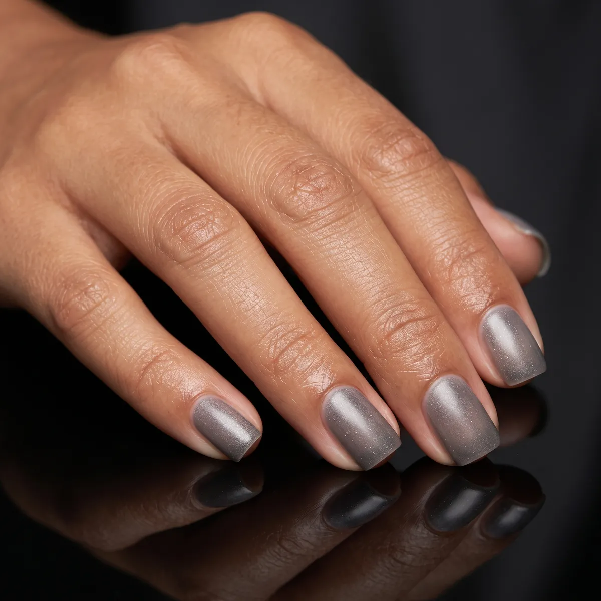 Charcoal Wash — square winter nails with square shape, keep nails short, two thin coats of sheer charcoal shimmer polish, satin topcoat, no…