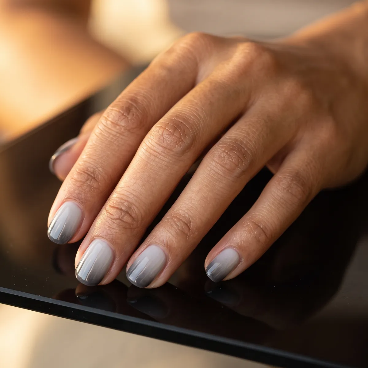 Dove Fade — round winter nails with round shape, short length, gradient from dove grey at the cuticle to charcoal at the tip, sealed with a…